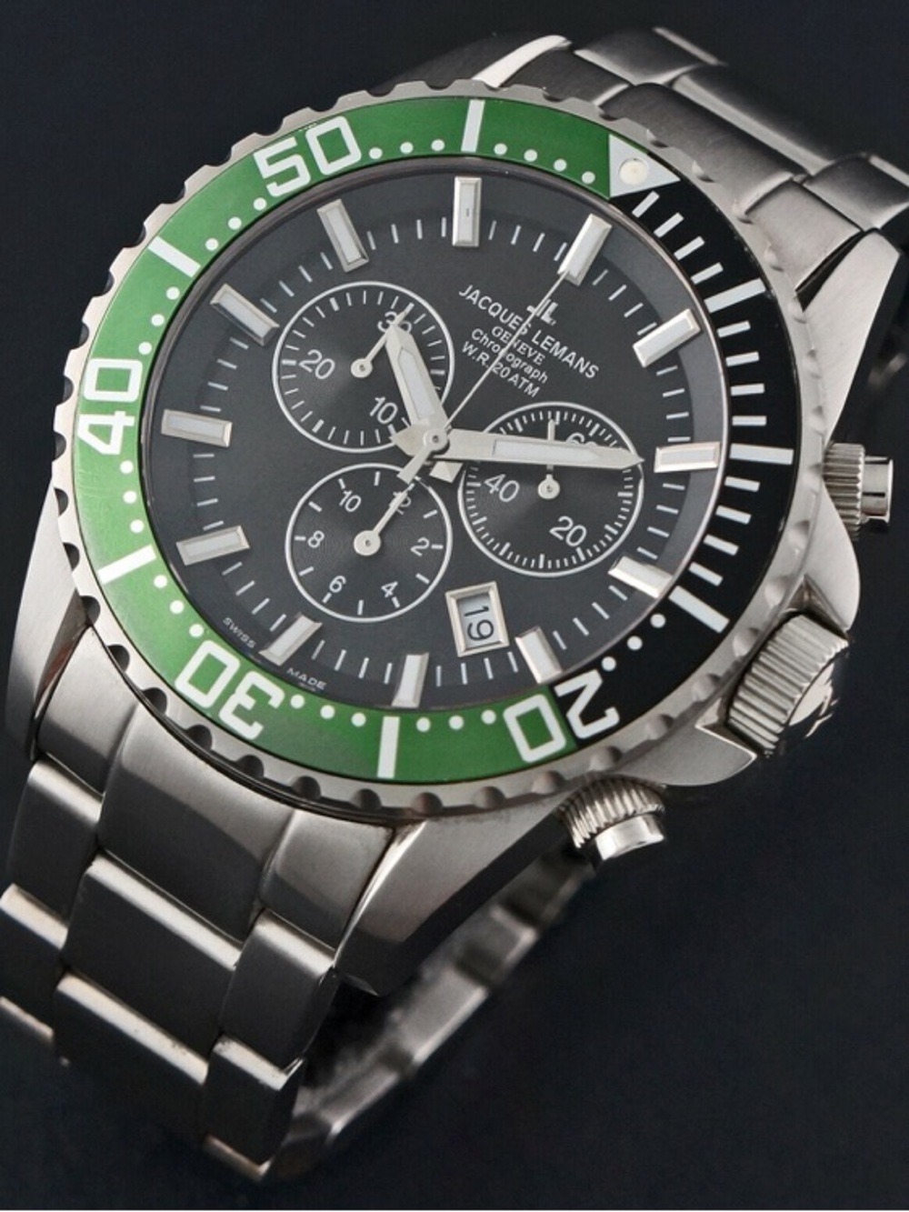 Jacques Lemans Stainless Steel Chrono Watch w/ Green Bezel and Black Dial